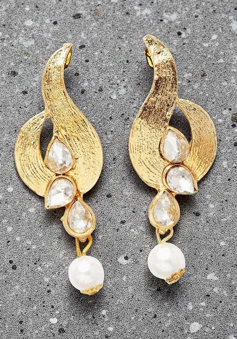 Designer White Cubic Zircornia Studded Gold Plated Drop Earring With Pearl Drops