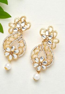 Beautiful White Cubic Zircornia Studded Gold Plated Wired Chandbaali Earrings With Pearl Drops