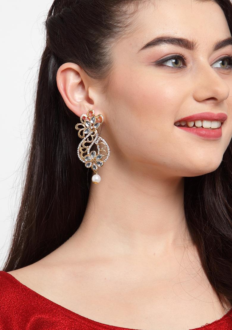Beautiful White Cubic Zircornia Studded Gold Plated Wired Chandbaali Earrings With Pearl Drops - Indya