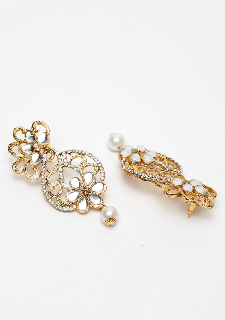 Beautiful White Cubic Zircornia Studded Gold Plated Wired Chandbaali Earrings With Pearl Drops - Indya