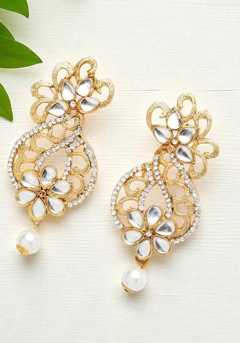 Beautiful White Cubic Zircornia Studded Gold Plated Wired Chandbaali Earrings With Pearl Drops