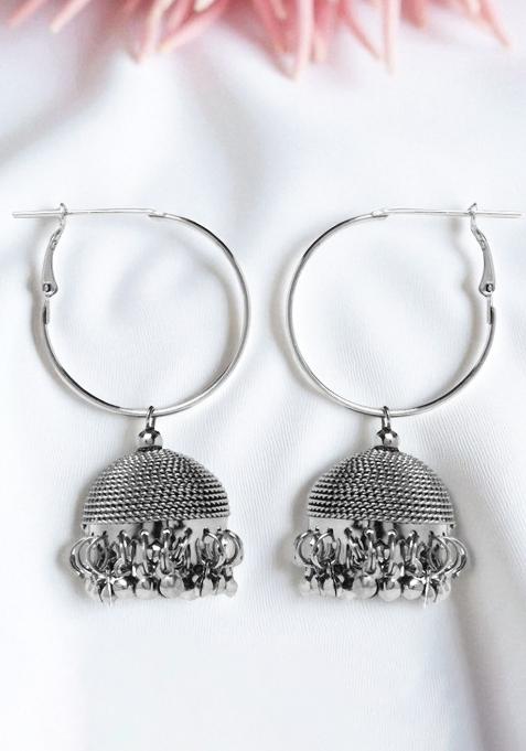 Rhodium Plated Simple Hoop Jhumka Earrings