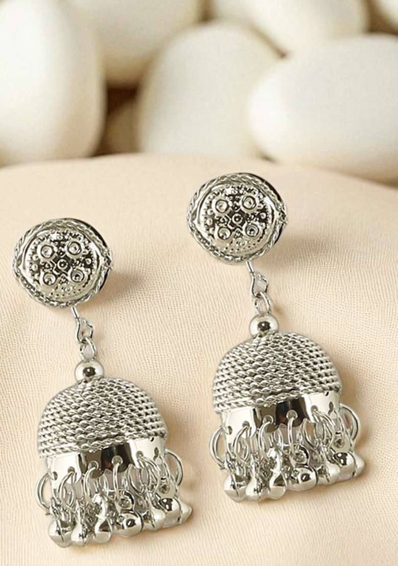 Silver Plated Simple Wired Drop Jhumka Earrings - Indya