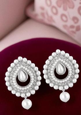 Silver Plated White Stones And Pearls Studded Stud Earrings With White Drops