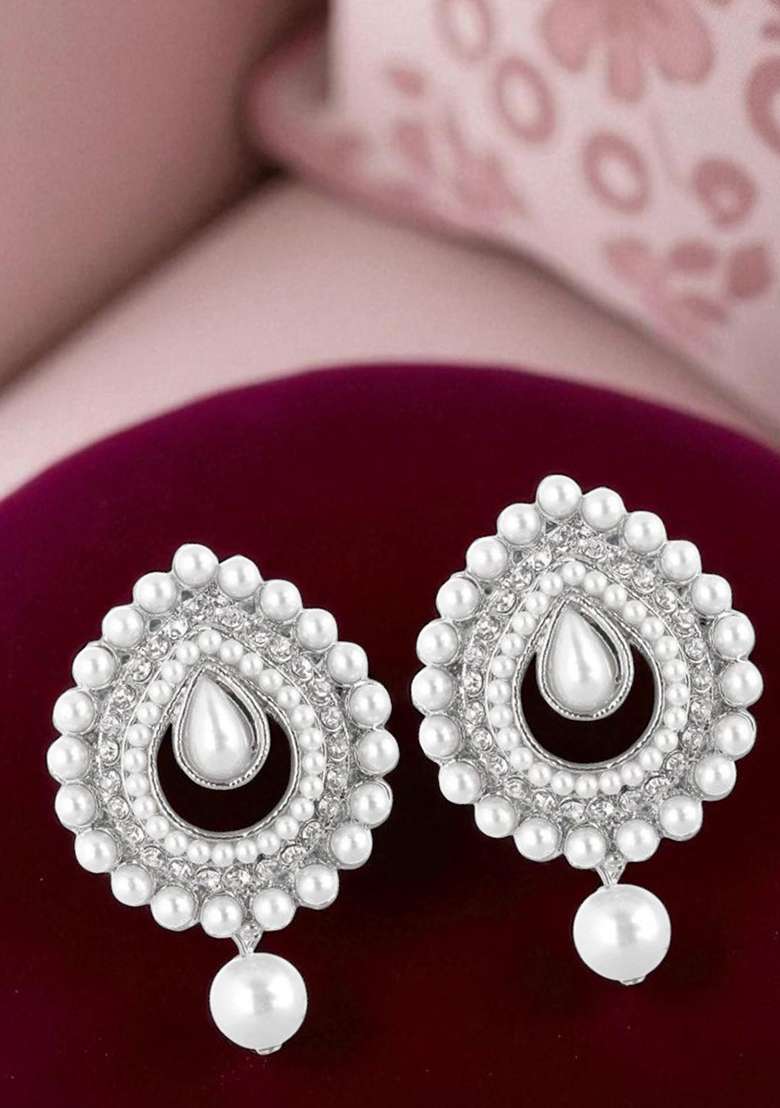 Silver Plated White Stones And Pearls Studded Stud Earrings With White Drops - Indya