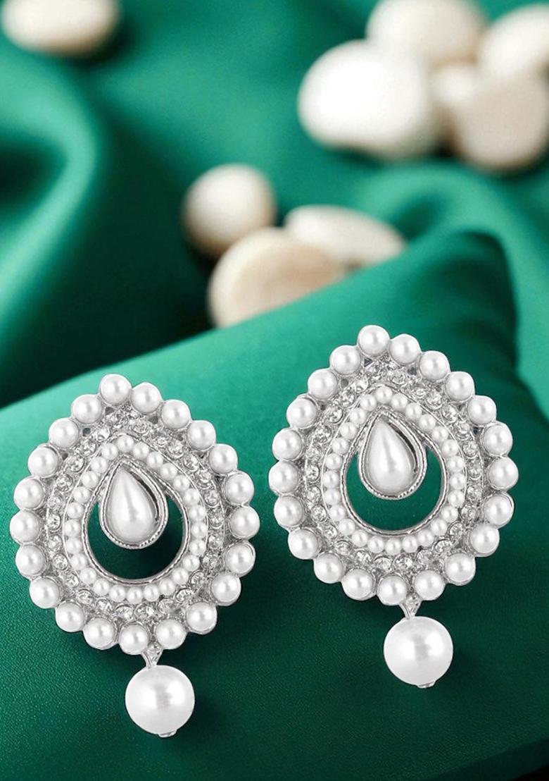 Silver Plated White Stones And Pearls Studded Stud Earrings With White Drops - Indya