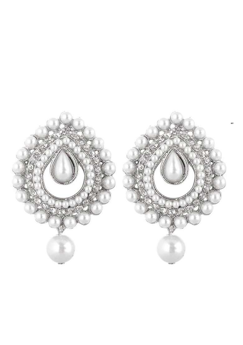 Silver Plated White Stones And Pearls Studded Stud Earrings With White Drops - Indya