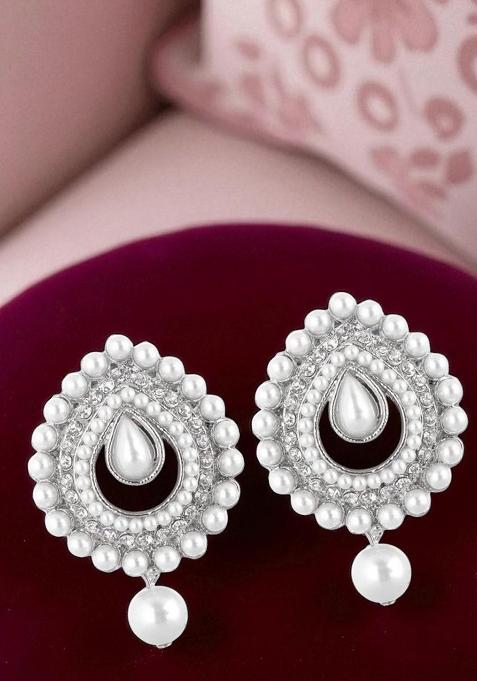 Silver Plated White Stones And Pearls Studded Stud Earrings With White Drops