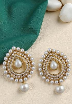 Gold Plated White Stones And Pearls Studded Stud Earrings With White Drops