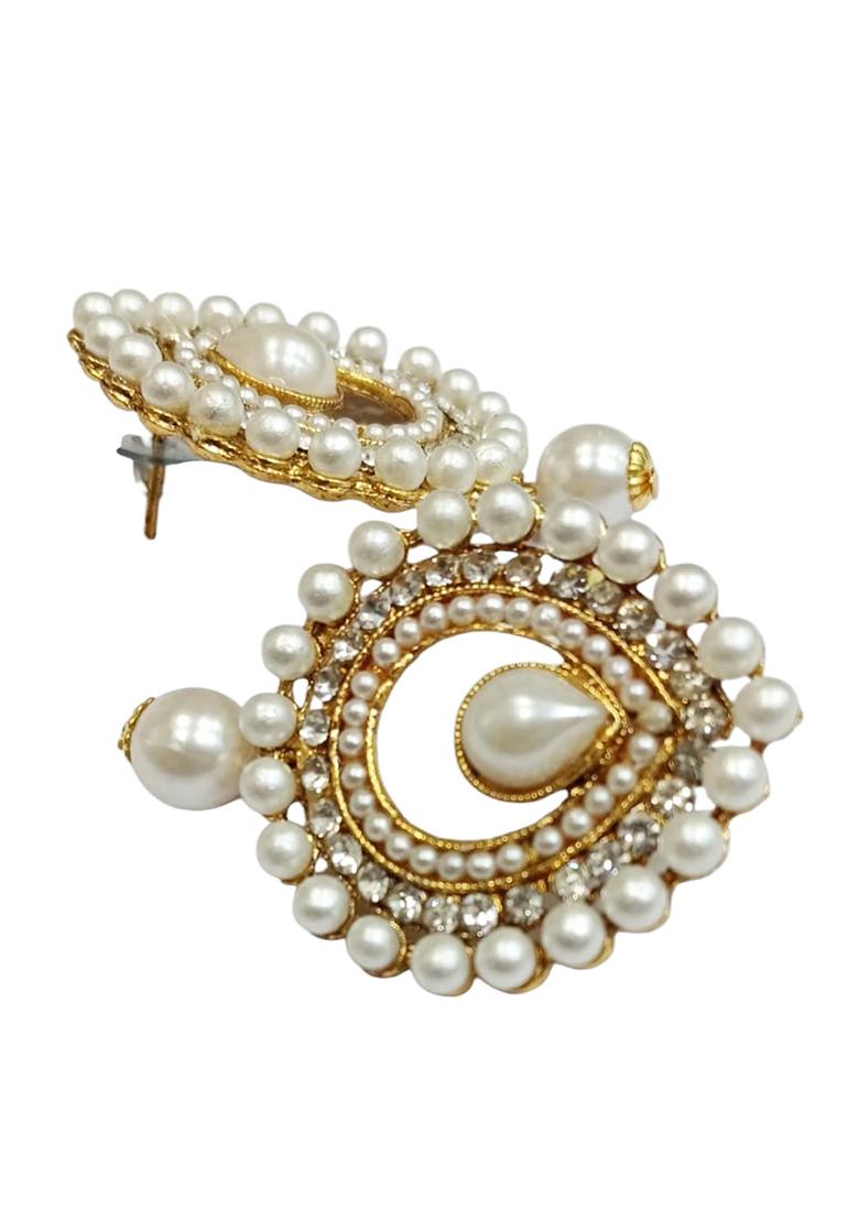 Gold Plated White Stones And Pearls Studded Stud Earrings With White Drops - Indya