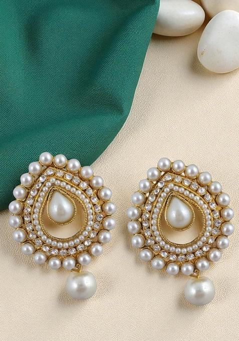 Gold Plated White Stones And Pearls Studded Stud Earrings With White Drops