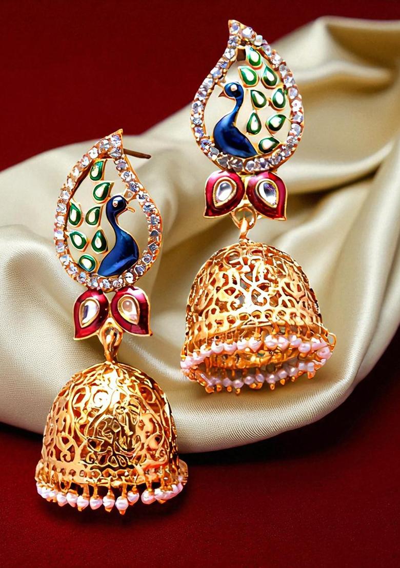 Multi Color Cubic Zircornia Studded And Gold Plated Enamelled Peacock Drop Jhumka Earring - Indya