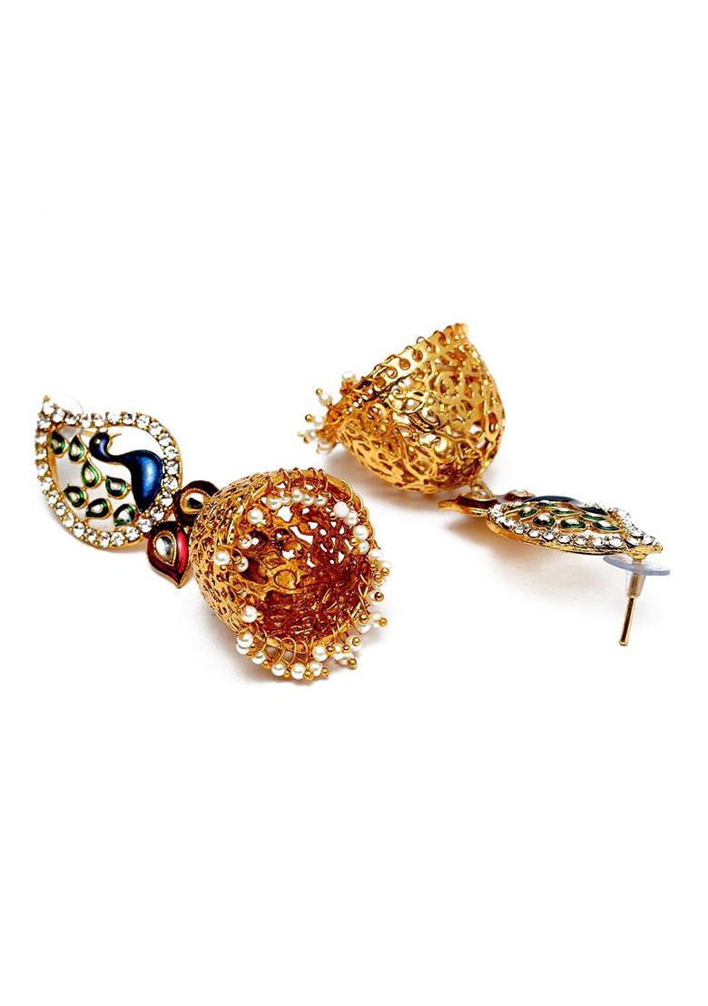 Multi Color Cubic Zircornia Studded And Gold Plated Enamelled Peacock Drop Jhumka Earring - Indya
