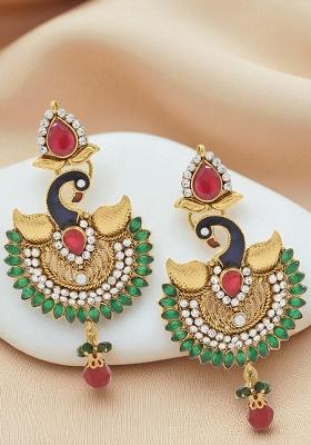 Multi Color Cubic Zircornia Studded And Gold Plated Enamelled Peacock Drop Earring
