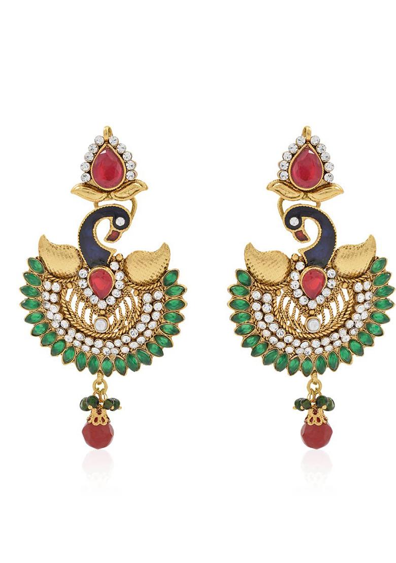 Multi Color Cubic Zircornia Studded And Gold Plated Enamelled Peacock Drop Earring - Indya
