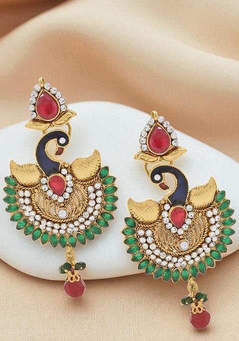Multi Color Cubic Zircornia Studded And Gold Plated Enamelled Peacock Drop Earring
