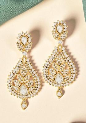 Gold Plated White Stones Studded Matka Shaped Drop Earrings