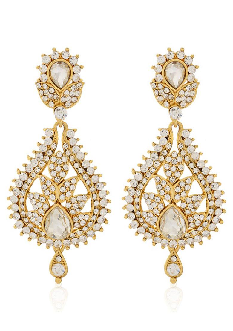 Gold Plated White Stones Studded Matka Shaped Drop Earrings - Indya