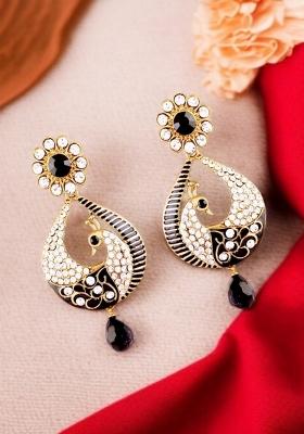 Beautiful Floral Shaped White And Black Cubic Zircornia Studded Enameled Peacock Drop Earrings