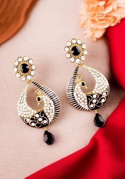 Beautiful Floral Shaped White And Black Cubic Zircornia Studded Enameled Peacock Drop Earrings