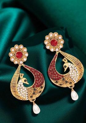 Beautiful Floral Shaped White And Red Cubic Zircornia Studded Enameled Peacock Drop Earrings