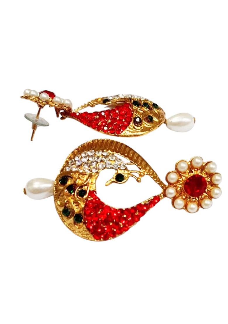 Beautiful Floral Shaped White And Red Cubic Zircornia Studded Enameled Peacock Drop Earrings - Indya