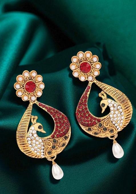 Beautiful Floral Shaped White And Red Cubic Zircornia Studded Enameled Peacock Drop Earrings