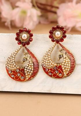 Beautiful Floral Shaped Multicolor Cubic Zircornia Studded Enameled Peacock Drop Earrings