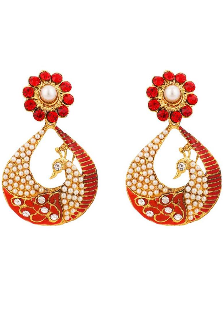 Beautiful Floral Shaped Multicolor Cubic Zircornia Studded Enameled Peacock Drop Earrings - Indya