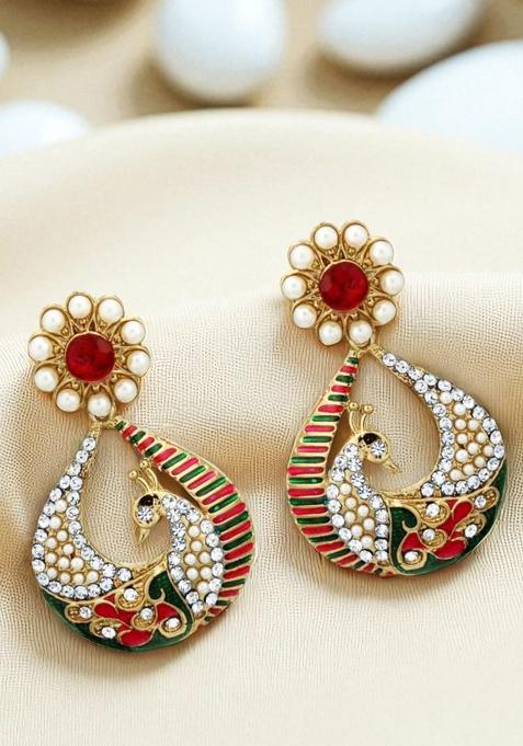 Beautiful Floral Shaped Multicolor Cubic Zircornia Studded Enameled Peacock Drop Earrings