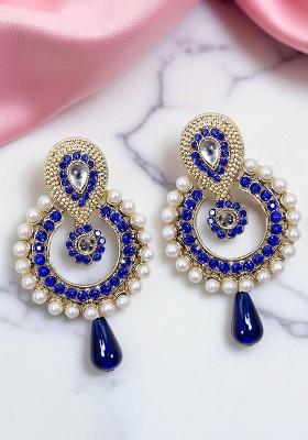 Stone And Pearl Studded Blue Geometric Shaped Cubic Zirconia Gold Plated Brass Chandbali Earring