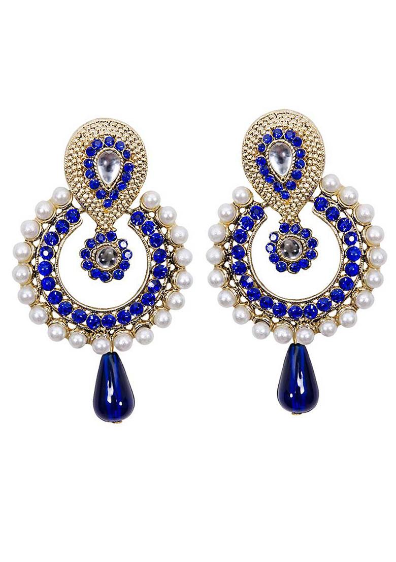 Stone And Pearl Studded Blue Geometric Shaped Cubic Zirconia Gold Plated Brass Chandbali Earring - Indya