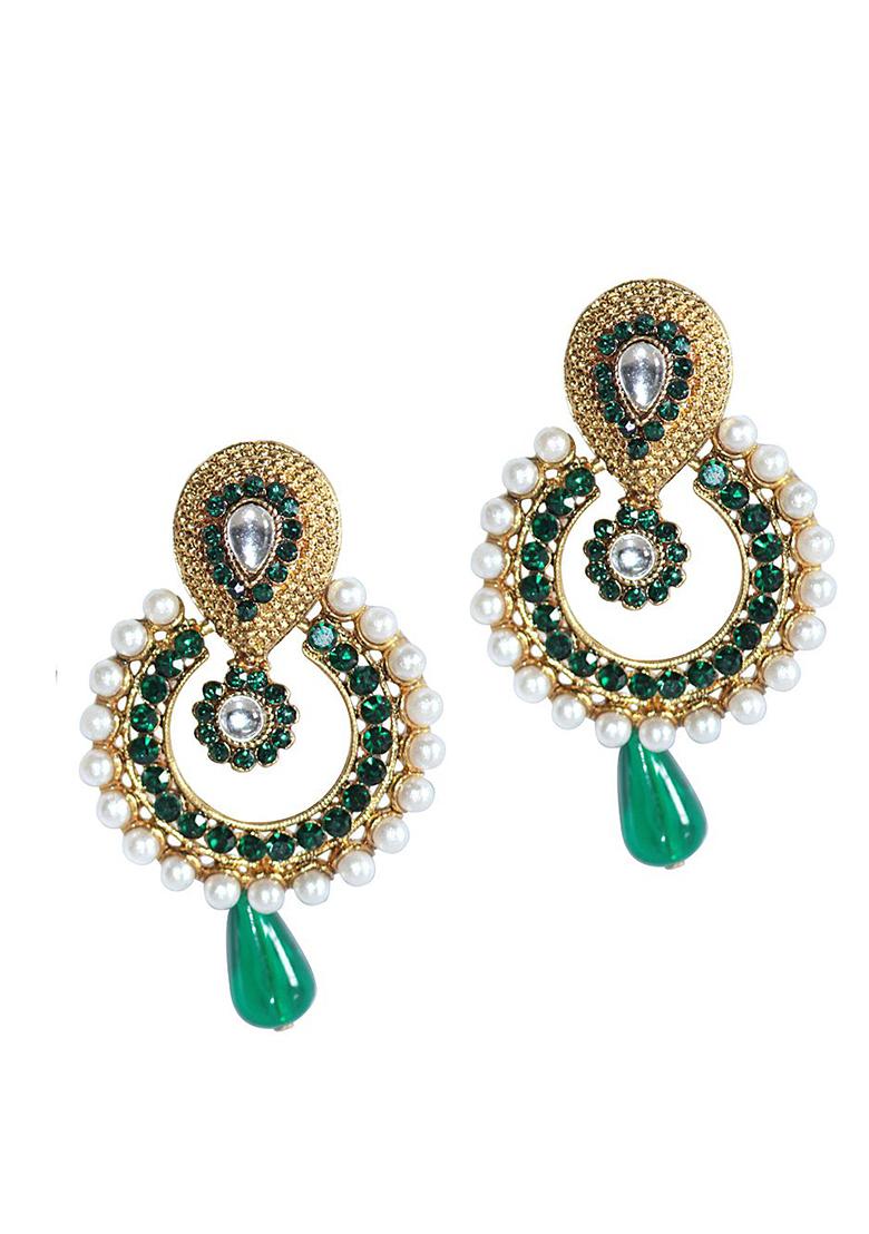 Stone And Pearl Studded Green Geometric Shaped Cubic Zirconia Gold Plated Brass Chandbali Earring - Indya