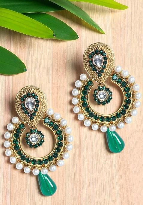 Stone And Pearl Studded Green Geometric Shaped Cubic Zirconia Gold Plated Brass Chandbali Earring