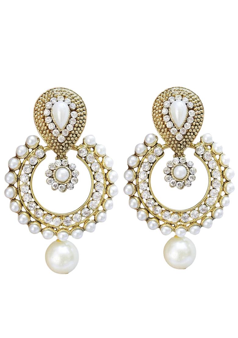 Stone And Pearl Studded White Geometric Shaped Cubic Zirconia Gold Plated Brass Chandbali Earring - Indya