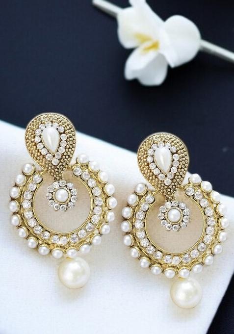 Stone And Pearl Studded White Geometric Shaped Cubic Zirconia Gold Plated Brass Chandbali Earring
