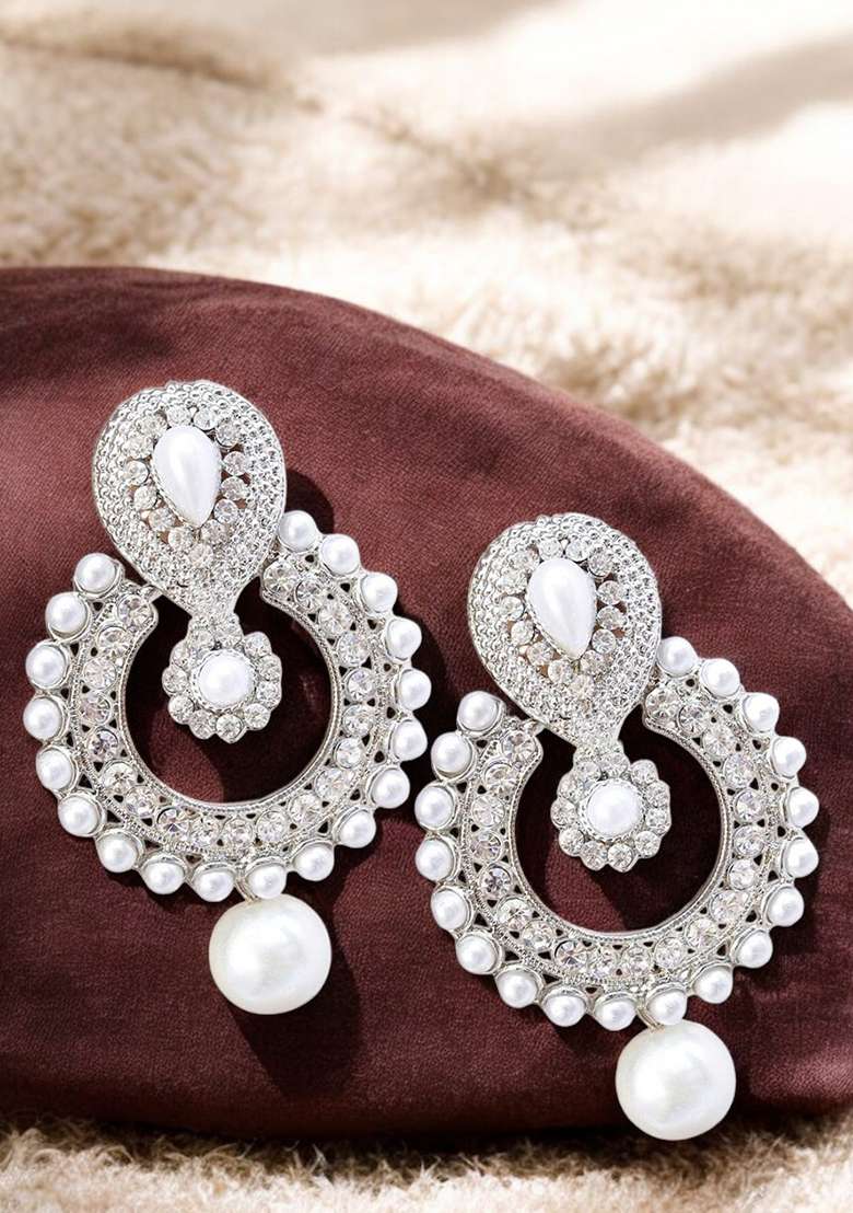 Stone And Pearl Studded White Cubic Zirconia Silver Plated Brass Chandbali Earring - Indya
