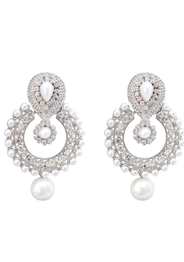 Stone And Pearl Studded White Cubic Zirconia Silver Plated Brass Chandbali Earring - Indya