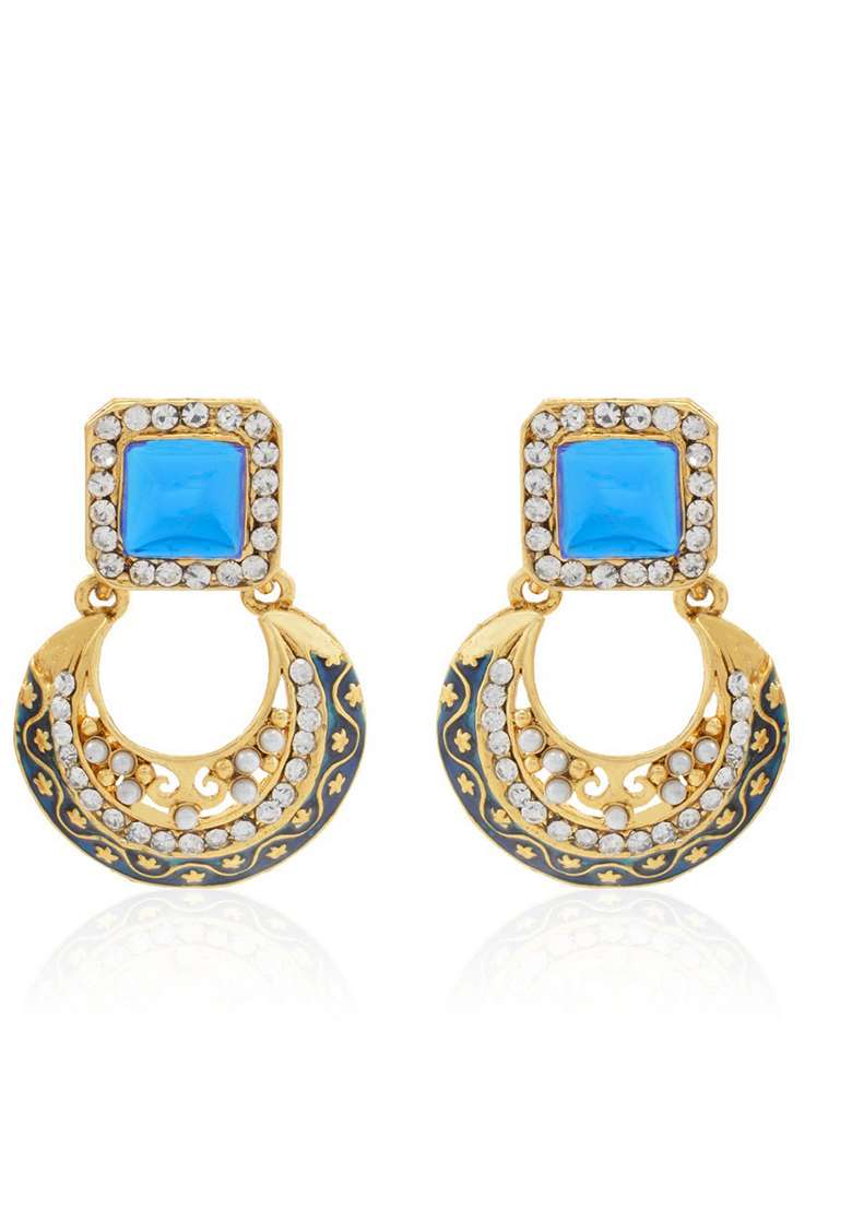 Square Blue Stone Stuuded With Pearls Gold Plated Chandbaali Earrings - Indya