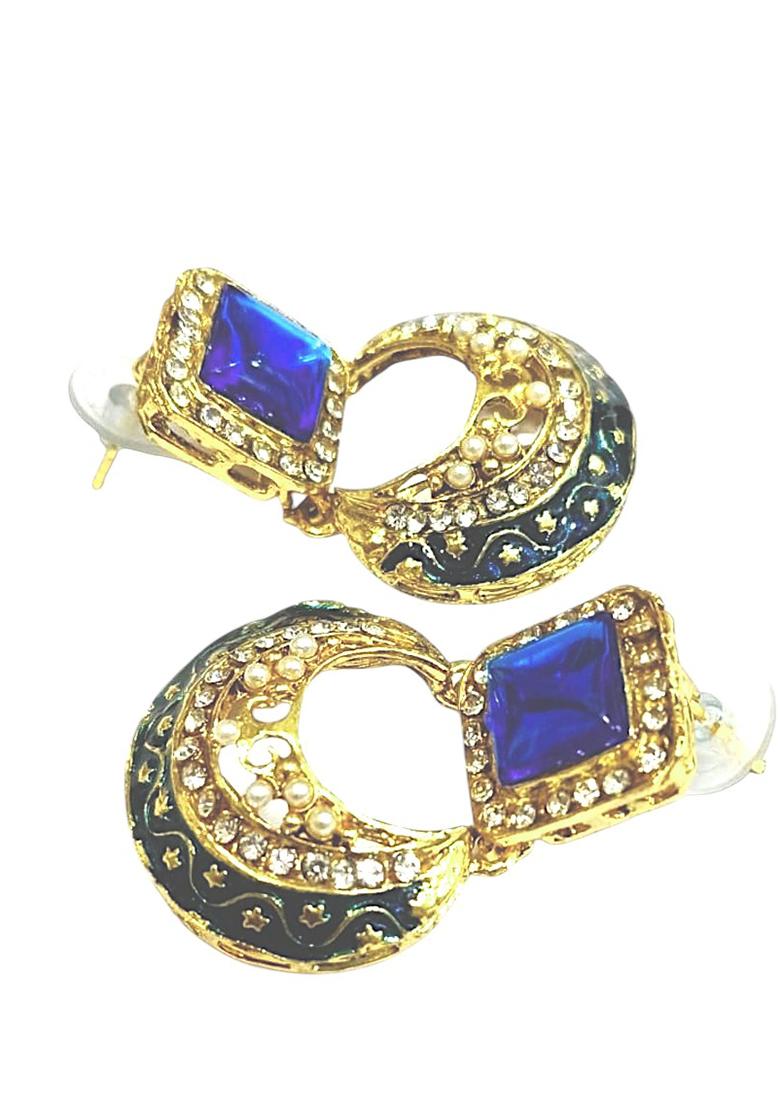 Square Blue Stone Stuuded With Pearls Gold Plated Chandbaali Earrings - Indya