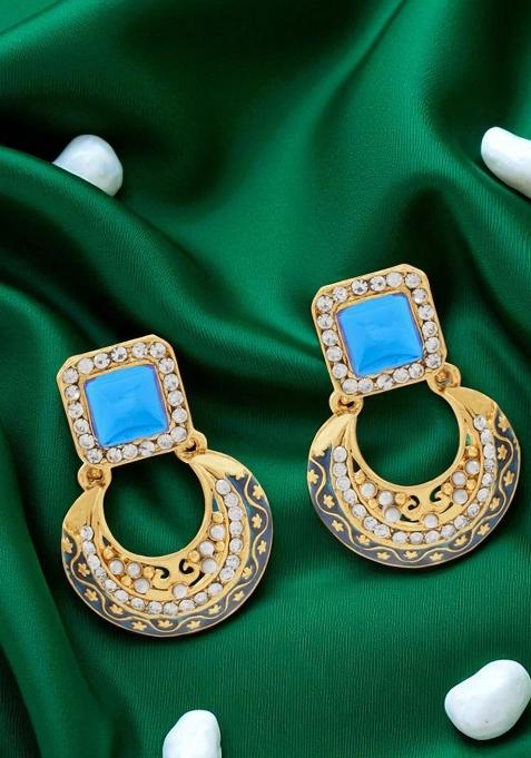 Square Blue Stone Stuuded With Pearls Gold Plated Chandbaali Earrings