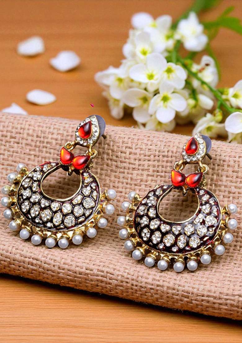 Maroon And Gold Toned Crescent Shaped Artificial Stone Studded Chandbaali Earrings - Indya