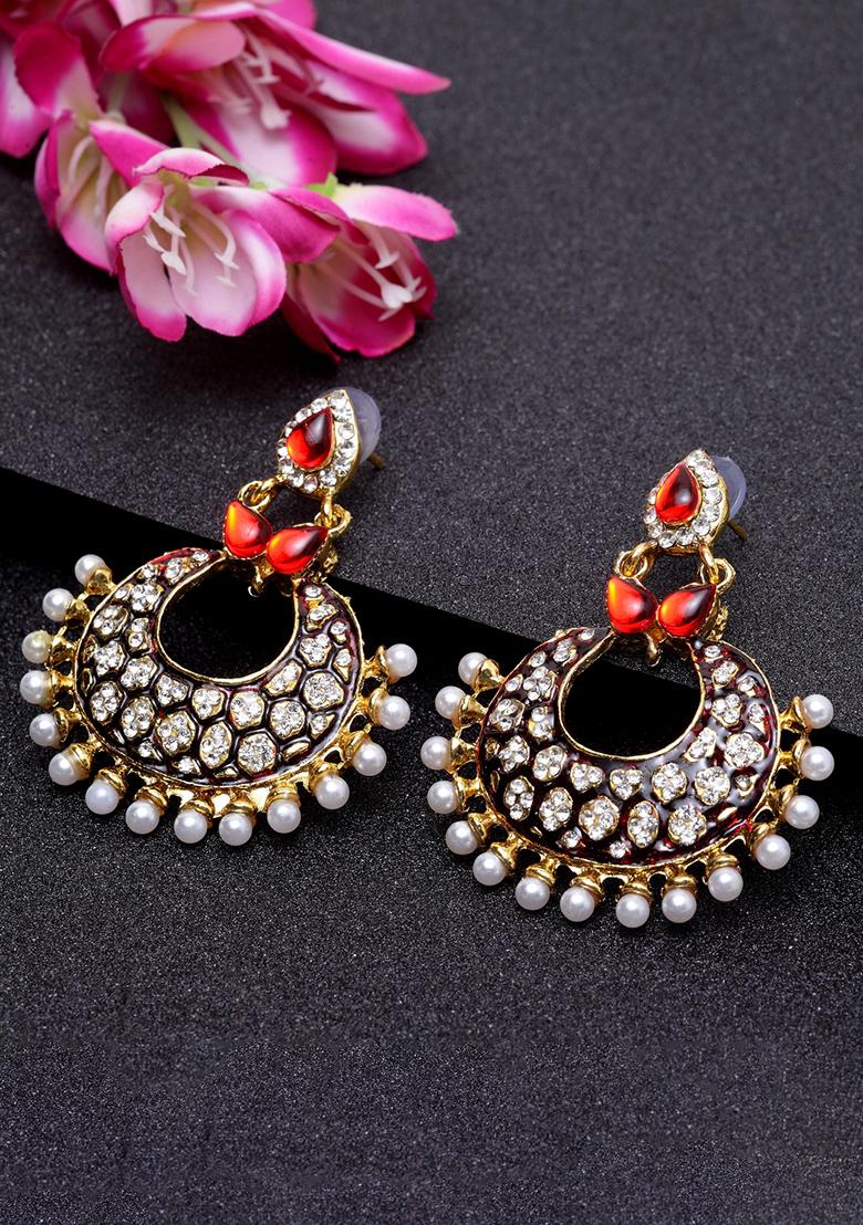 Maroon And Gold Toned Crescent Shaped Artificial Stone Studded Chandbaali Earrings - Indya