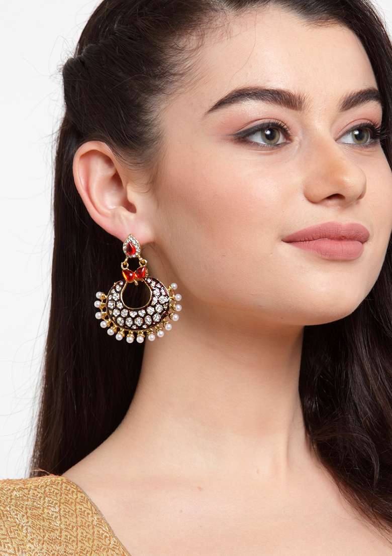 Maroon And Gold Toned Crescent Shaped Artificial Stone Studded Chandbaali Earrings - Indya