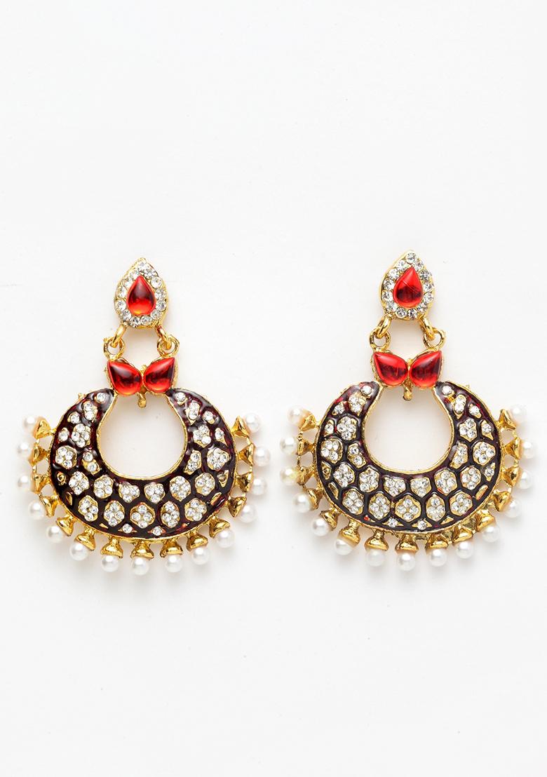 Maroon And Gold Toned Crescent Shaped Artificial Stone Studded Chandbaali Earrings - Indya