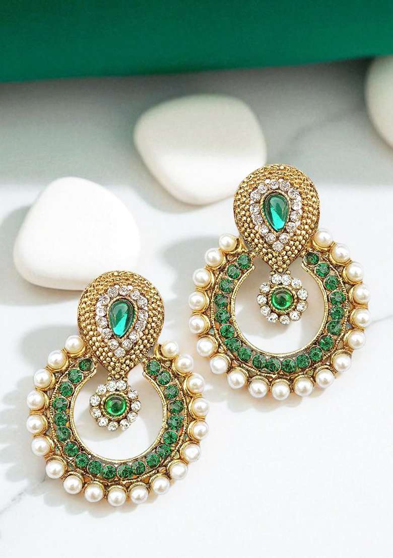 Stone And Pearl Studded Green Geometric Shaped Cubic Zirconia Gold Plated Brass Chandbali Earring - Indya