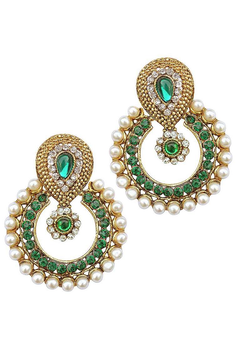 Stone And Pearl Studded Green Geometric Shaped Cubic Zirconia Gold Plated Brass Chandbali Earring - Indya