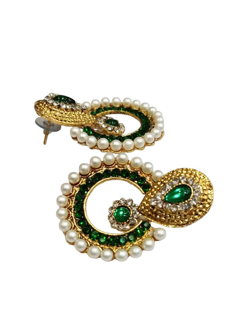 Stone And Pearl Studded Green Geometric Shaped Cubic Zirconia Gold Plated Brass Chandbali Earring - Indya