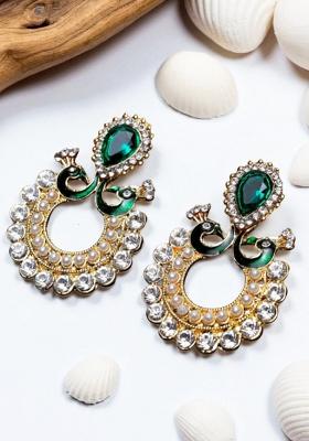 Gold Toned And Green Peacock Shaped Earrings Gold Plated And Has Artificial Stones And Beads