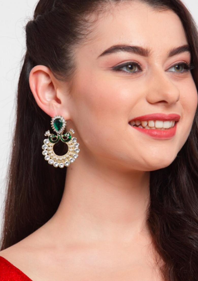Gold Toned And Green Peacock Shaped Earrings Gold Plated And Has Artificial Stones And Beads - Indya